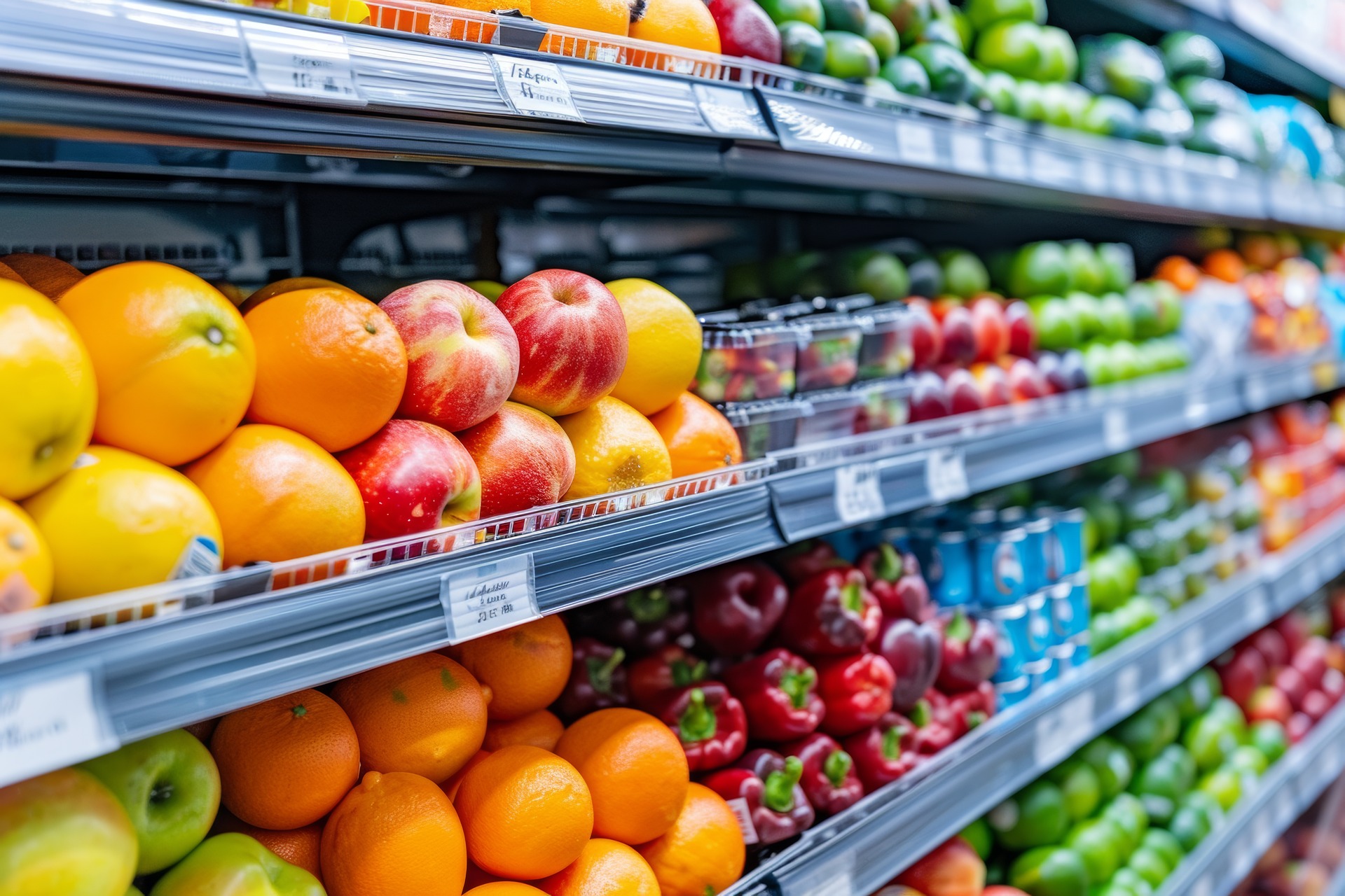 Fruits and vegetables on the shelf at the grocery store